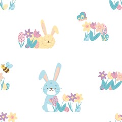 Seamless pattern with Easter Bunny rabbit, eggs and tulips flowers in the basket over white background. Vector illustration.
