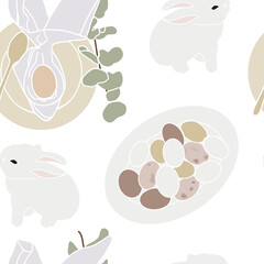 Happy Easter. Modern flat Easter seamless pattern on white background with rabbit, eggs and festive table setting. Aesthetics of spring. Cute pattern for textiles and festive packaging. Hello april
