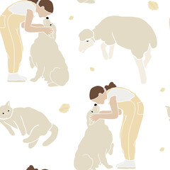 Happy Easter. Modern flat Easter seamless pattern on white background with a girl on the farm, a dog and a cat. Aesthetics of spring. Cute pattern for textiles and festive packaging. Hello April
