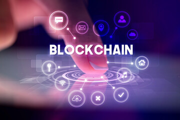 Finger touching tablet with web technology icons concept