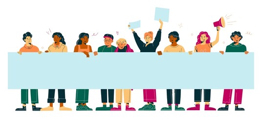 People hold banner. Students group, big blank poster, peaceful protest, stop war appeal, persons meeting, parade characters, young activists demonstrating, human rights vector concept