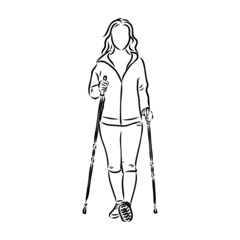 Continuous line drawing. A young woman walks on foot with walking sticks. Nordic walking, vector sketch illustration