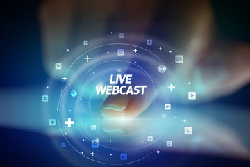 Finger touching tablet with social media icons concept