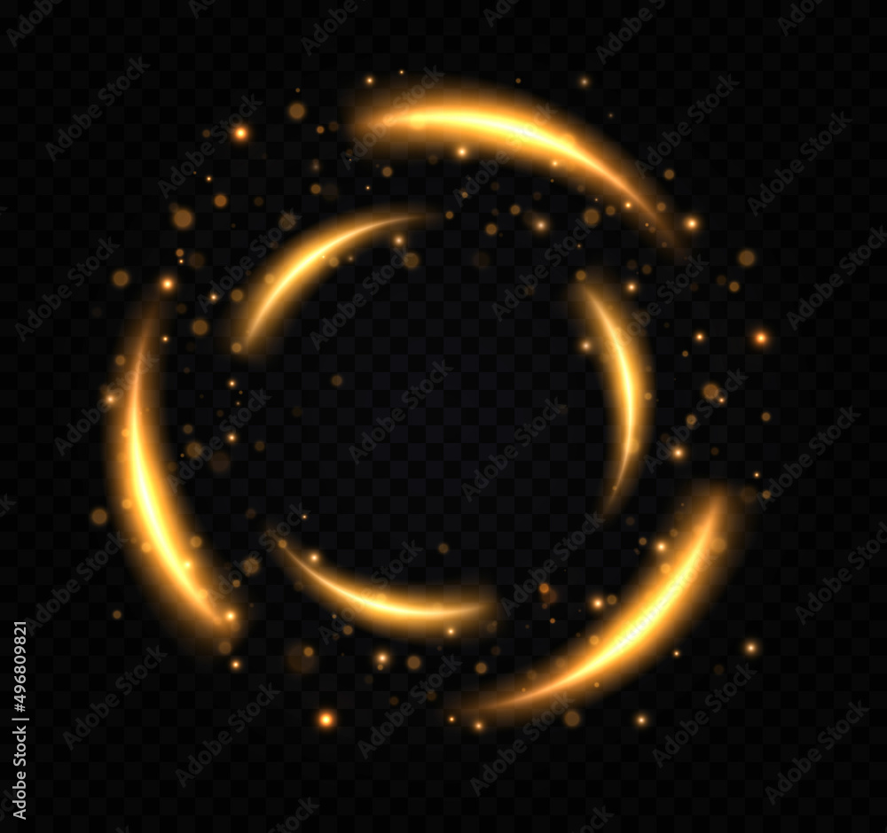 Wall mural gold light circle with sparkles. light golden twirl. curve light effect of golden line. flash flies 