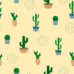 Seamless pattern of cactus in flowerpot. Cartoon colorful houseplants on beige background