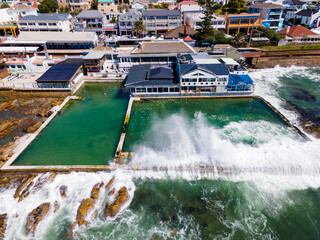 Aerial view of Kalk Bay tidal pools and Brass Bell, Cape Town, South Africa.