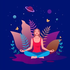Girl yoga meditation and moon