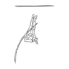 Continuous line drawing of athlete pole vault. One line jumping sport vector illustration on white background