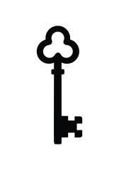 Old ornate key vector icon isolated on white. Antique key silhouette.