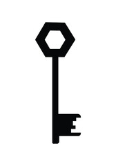 Old ornate key vector icon isolated on white. Antique key silhouette.