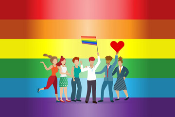 Diverse people parade with LGBT rainbow flag celebrate LGBTQ pride month holding flag and heart sign. To support transgender community, social diversity concept.