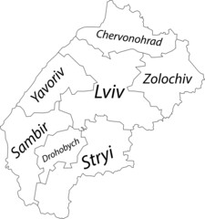 White flat vector map of raion areas of the Ukrainian administrative area of LVIV OBLAST, UKRAINE with black border lines and name tags of its raions