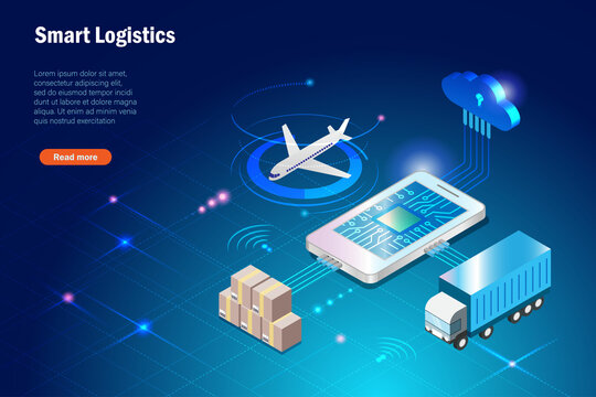 Smart logistics delivery tracking system on smartphone. Shipment carton delivery by with airplane and truck with cloud computing use wireless technoloty. Global transportation import export freight.
