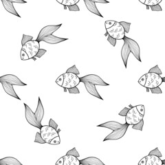 Seamless pattern with gold fish. Black and white hand drawn vector illustration. Seamless background. Wallpaper design. Fabric design. Simple vector pattern with cute gold fishes.
