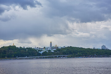 Motherland Monument and Pechersk Lavra viewed from Dnieper river in Kiev