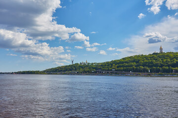 Motherland Monument and Pechersk Lavra viewed from Dnieper river in Kiev