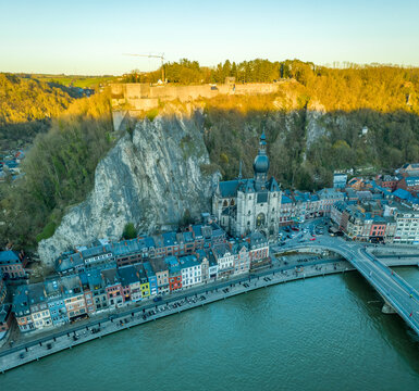 Aerial view of Dinant town along Meuse river, Namur, Belgium.