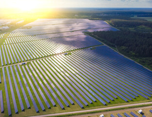 Aerial top view of a solar pannels power plant.