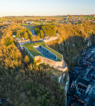 Aerial view of a fort on hilltop in Dinant old town, Namur, Belgium.