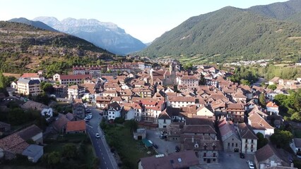Echo Village at Hecho Valley, Huesca, Aragon, Spanish Pyrenees, Spain - Aerial Drone View