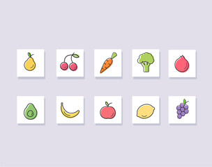 Vector fruits and vegetables icon set . Vector illustration.