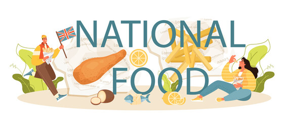 National food typographic header. British deep-fried fish and chips