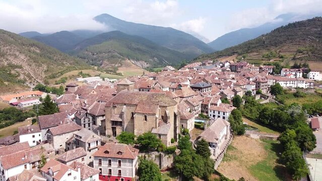 Ans&oacute; Village at Anso Valley, Huesca, Aragon, Spanish Pyrenees, Spain - Aerial Drone View