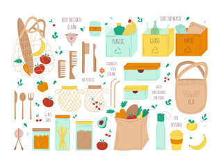 Zero waste. A set of substitute items in case of rejection of plastic. Wooden items. Recycling and sorting of garbage. Paper and reusable tableware. Glass jars. Vector flat illustrations