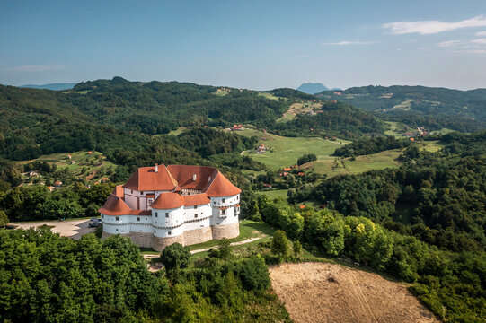 Aerial view of Dvor Veliki Tabor, a castle and an ethnographic museum in countryside, Croatia.