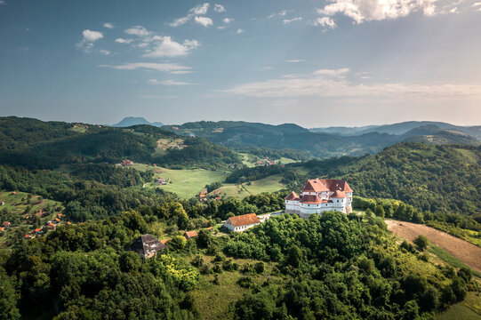 Aerial view of Dvor Veliki Tabor, a castle and an ethnographic museum in countryside, Croatia.