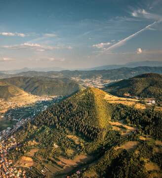 Aerial view of the hills at sunset near Visoko, Bosnia and Herzegovina.