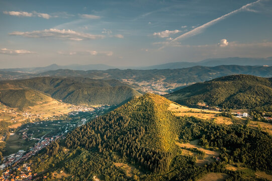 Aerial view of the hills at sunset near Visoko, Bosnia and Herzegovina.