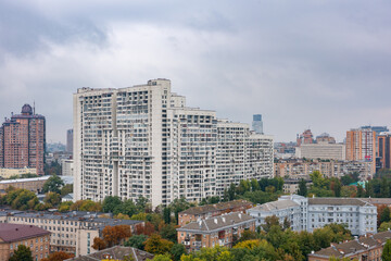 Fototapeta na wymiar Aerial view of the city center of Kiev, Ukraine and the panorama apartment building on Lesya Ukrainka Street