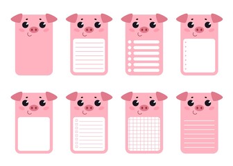 A set of note cards with a cute pig. Rectangular cards for post-it notes, notes, to-do list and diary. Ruled, checkered, blank space for text.