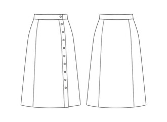 Fashion technical drawing of A-line skirt with front buttons. Fashion flat sketch.