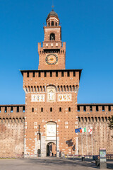 View at the Tower of Sforzeco Palace in the streets of Milan - Italy