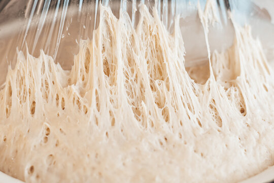 Air bubbles in sourdough dough. Yeast product growth.