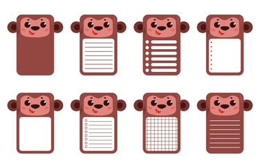 A set of note cards with a cute monkey. Rectangular cards for post-it notes, notes, to-do list and diary. Ruled, checkered, blank space for text.