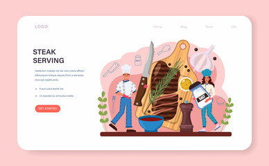 Steak web banner or landing page. People cutting beef and cooking