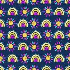 Happy Spring Rainbows and Sun Geometric Vector Seamless Pattern