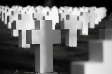 Black and white photo of white crosses graveyard in Mortsel, Belgium
