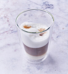 One glass of cappuccino coffee on porcelain surface