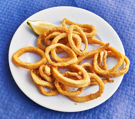  Plate of fried calamari on paper surface