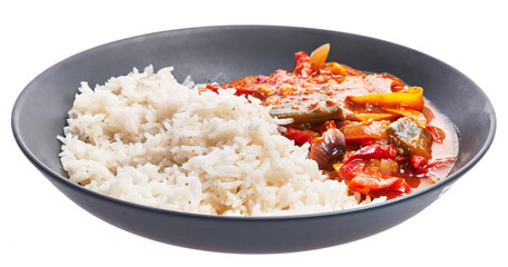 Plate of delicious rice and vegetables tomato sauce over white isolated background