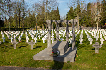Tombstone and war graves of soldiers during world war. Cemetery in Mortsel, Belgium