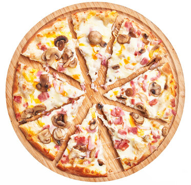  Wooden plate of carbonara slices pizza over white isolated background