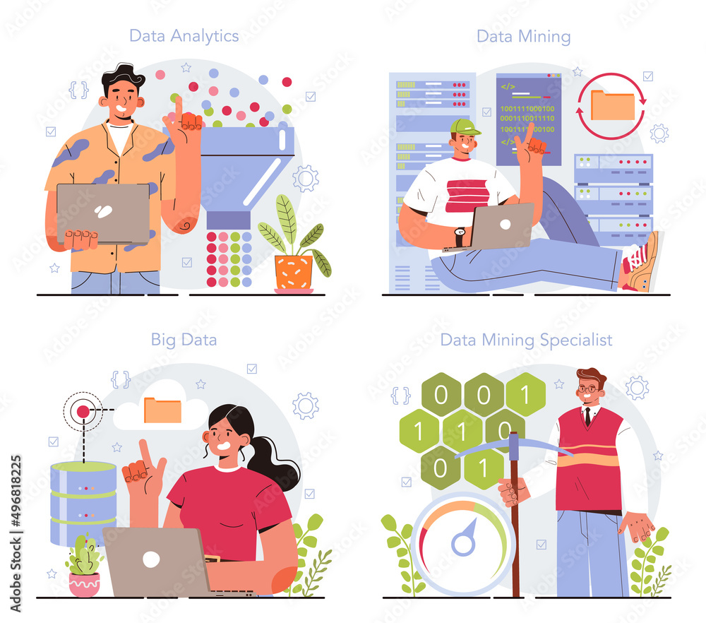 Aufkleber big data concept set. mining and analyzing of digital information for business