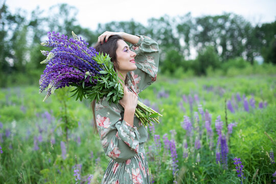 Beautiful girl with a bouquet of wild flowers. A girl in dress with a bouquet of lupine stands in flower field. Summertime. Blooming Lupine field. Summer vacation. Nature concept. space for text	