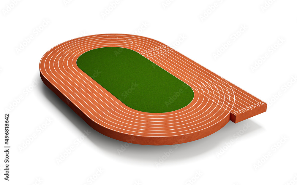 Poster 3d rendered running track on a stadium with lanes and numbers on a white background