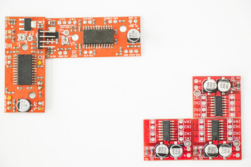 Top view of microprocessor and microchips on white background with copy space